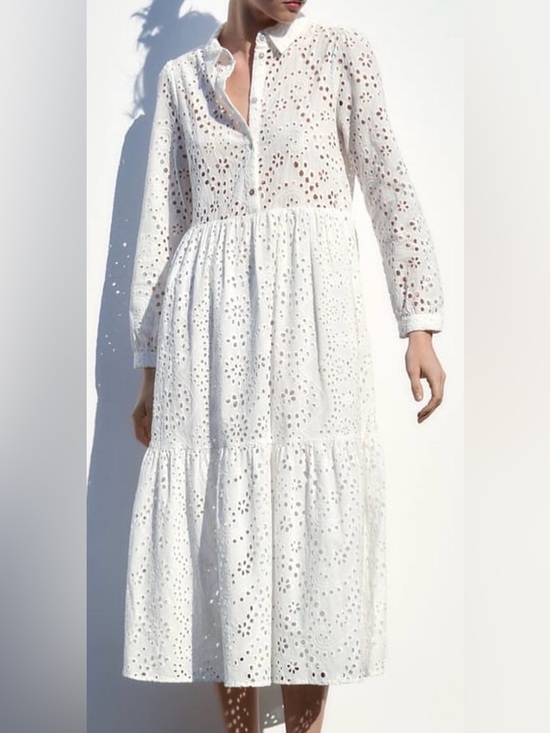 Zara Dresses & Skirts - NEW Zara Cutwork Embroidered Midi Dress long sleeves collared boho chic street L